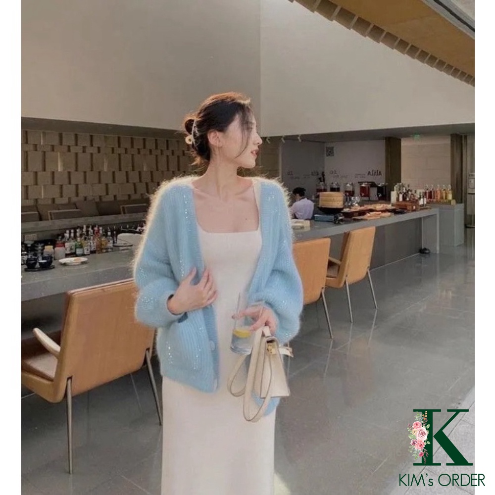 Áo Len Cadigan Kim Tuyến Nữ Dài Tay Màu Be Xanh Dáng Rộng Phong Cách Tiểu Thư Hàn Quốc Nhẹ Nhàng Nữ Tính Chất Loại 1