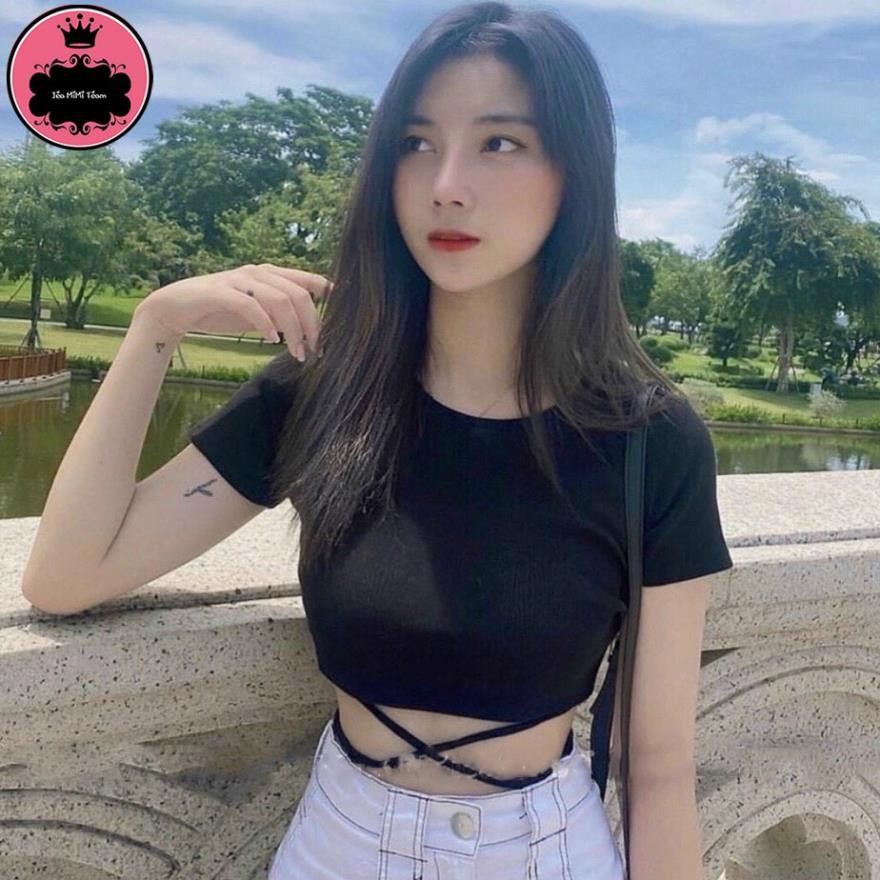 Áo Thun Croptop Cột Dây Eo Tay Ngắn Trắng Đen Freesize Dưới 55Kg "CROPTOP CỘT DÂY NGẮN" ⚡ *