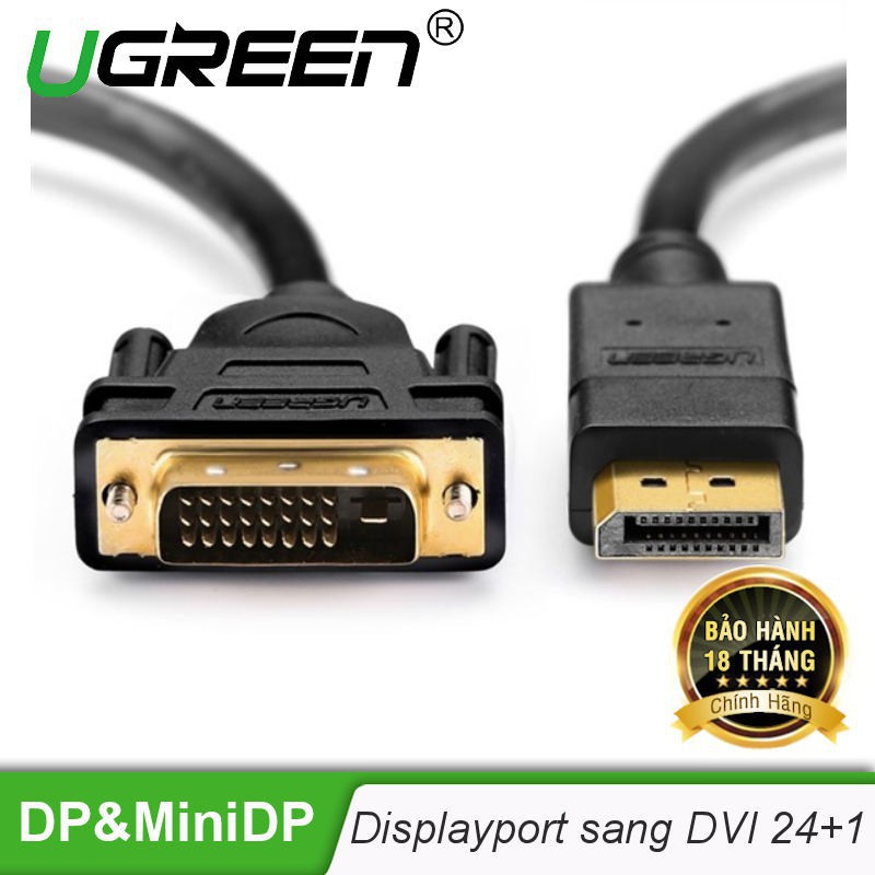 [Mã ELHACE giảm 4% đơn 300K] Cáp Chuyển Displayport to DVI 24+1 Cao Cấp Chính Hãng Ugreen 10221 10243 DP103 màu đen