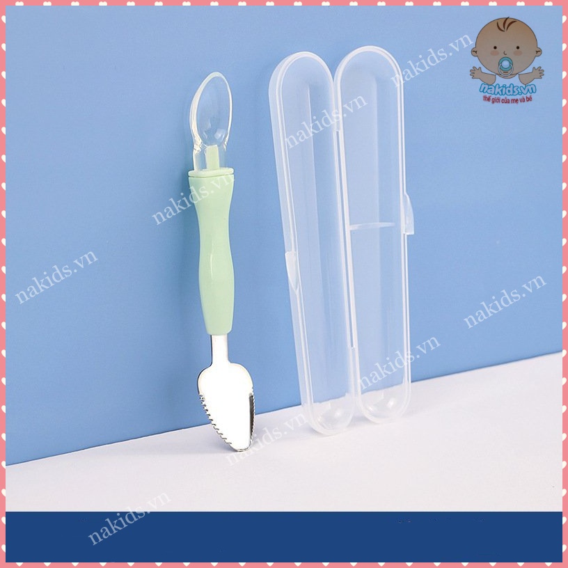 Thìa Nạo Hoa Qủa 2 Đầu Cho Bé Ăn Dăm - Muỗng Cạo Nhỏ Hoa Qủa 2 Đầu Silicon Và Inox Cao Cấp Có Hộp Đựng