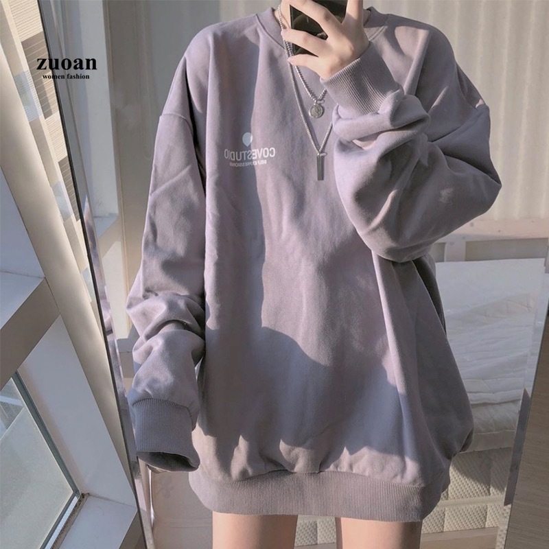 Áo Sweater Tay Dài Cổ Tròn Dáng Rộng Họa Tiết Chữ In Cho Phái Nữ