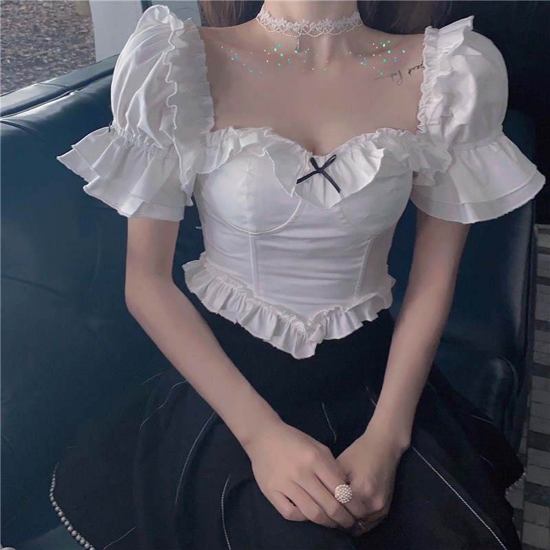 Ulzzang ( 얼짱) - ÁO SƠ MI TRẮNG NỮ TAY BÈO NHÚNG NGỰC CÚP (HÀNG BAO ĐẸP)
