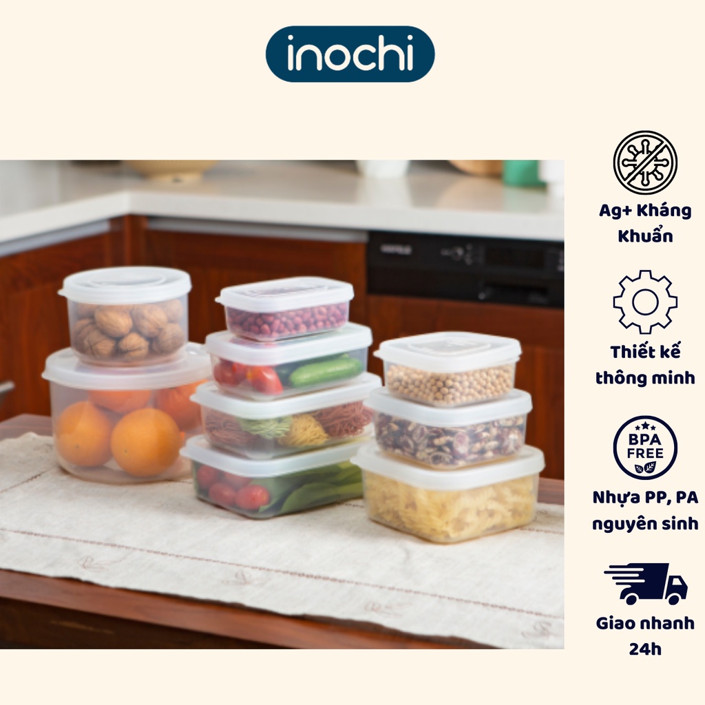Hộp nhựa đựng thức ăn loại chữ nhật Inochi, an toàn với lò vi sóng, trữ đông, trữ thức ăn, rau củ - Giao màu ngẫu nhiên