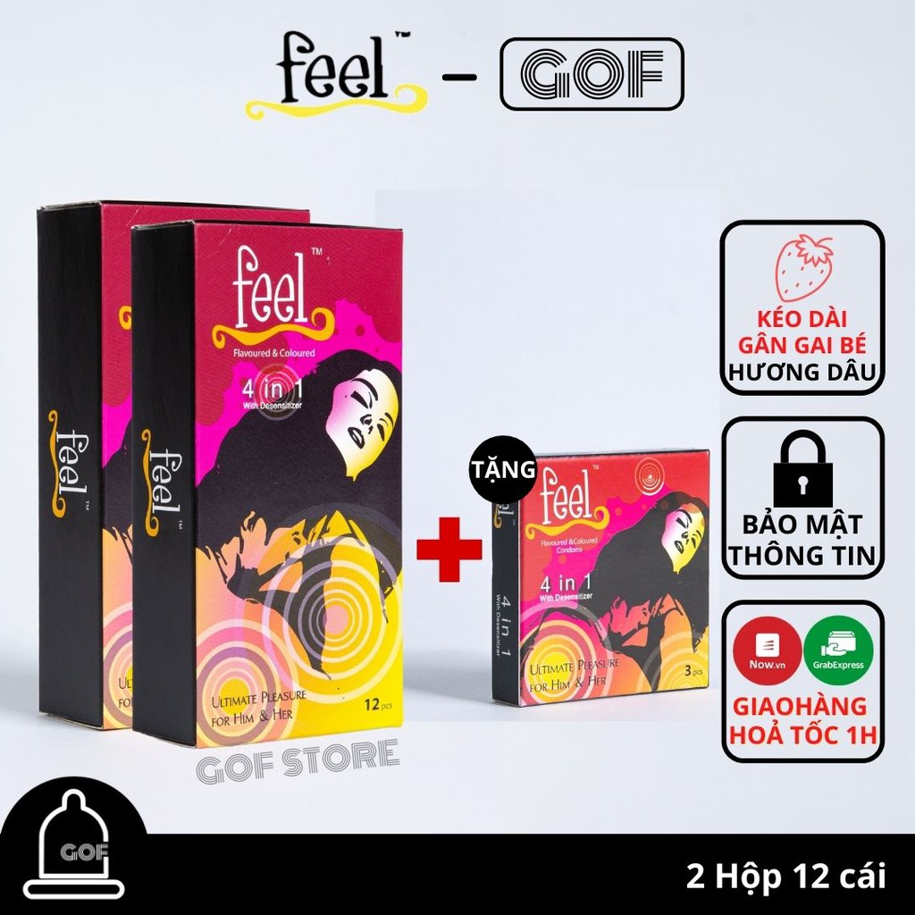 Bộ 2 Bao cao su kéo dài thời gian Feel 4 in 1 hương dâu Hộp 12C Tặng 1 Bcs Hộp 3C Feel - GoF