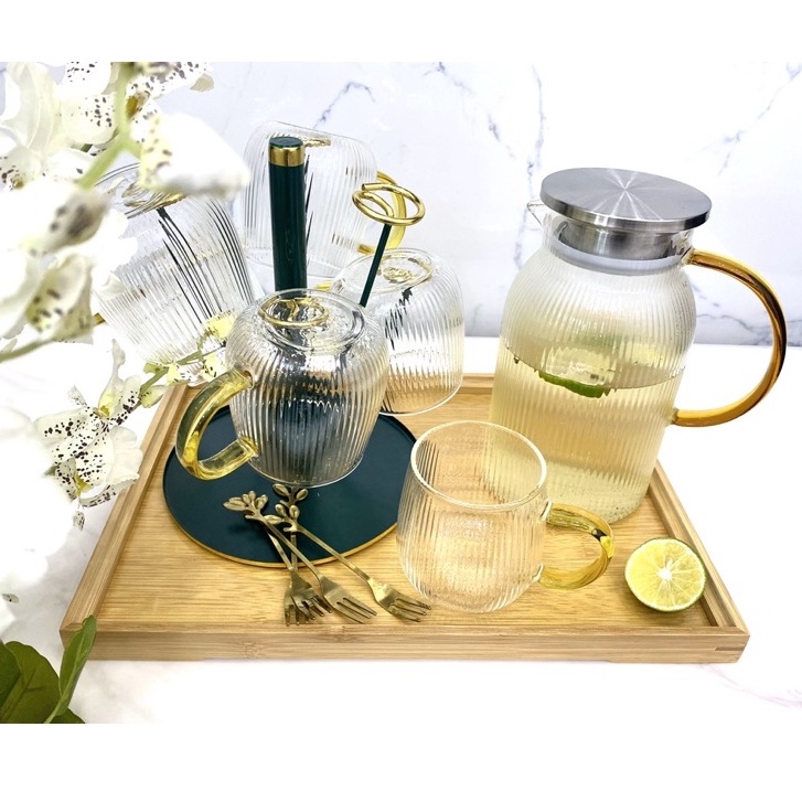 Bình thuỷ tinh chịu nhiệt quai vàng vân kẻ sọc chịu nhiệt - chịu lực dáng thẳng | Ấm thủy tinh