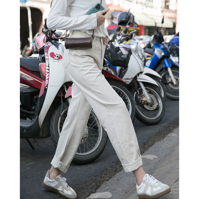 ﹍Miding Off-white jeans của phụ nữ mùa hè quần ống thẳng mỏng màu mơ xuân và retro be nhạt lỏng lẻo
