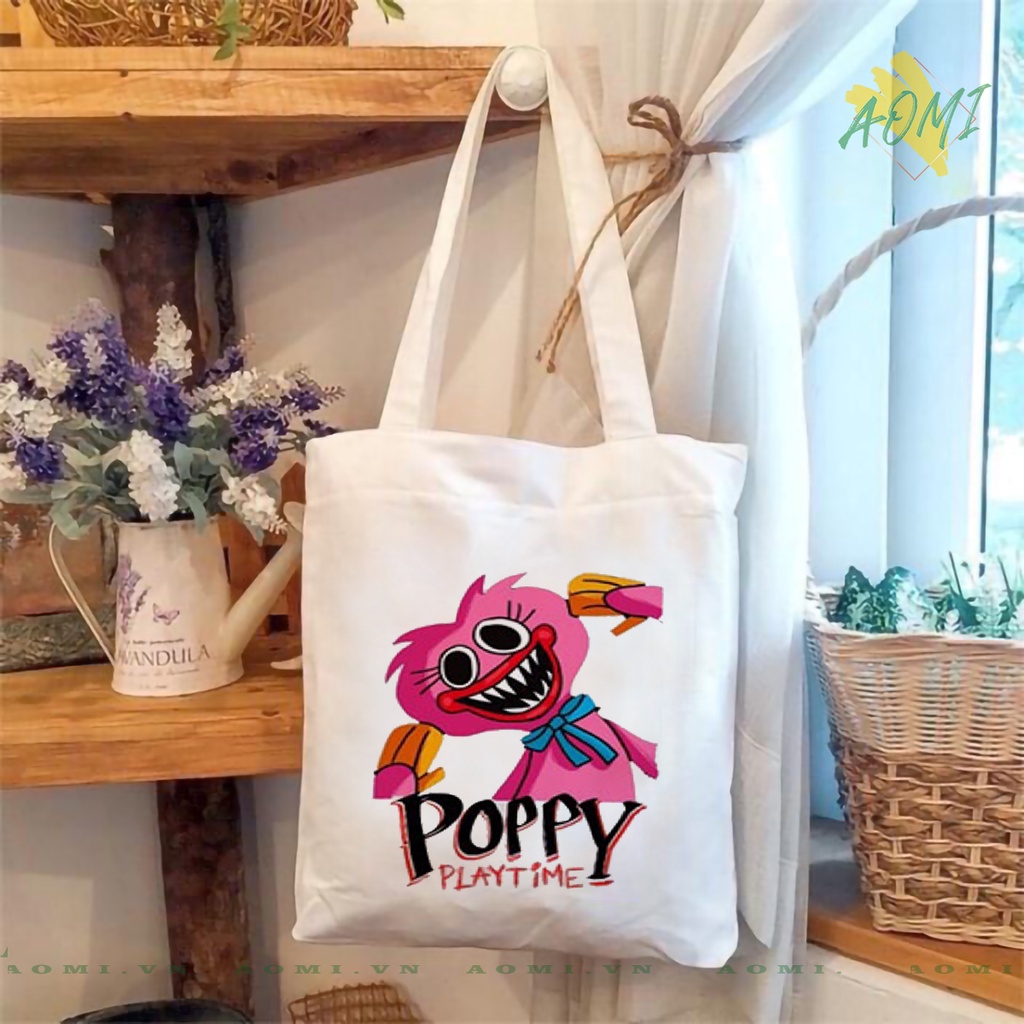 TOTE CANVAS Poppy Playtime Huggy Wuggy TÚI VẢI ĐEO VAI BAG CÓ KHÓA KÉO SIZE LỚN 33x38cm AOMIVN DU LỊCH DẠO PHỐ AOMI