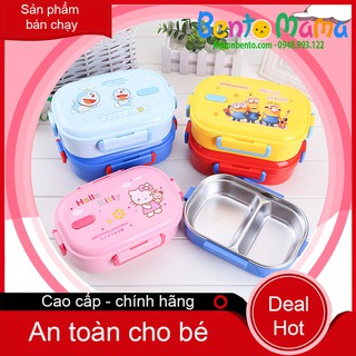 Hộp cơm bento giữ nhiệt 2 ngăn thép không gỉ 304 hoạt hình kitty, doremon, minion, xe hơi cho bé