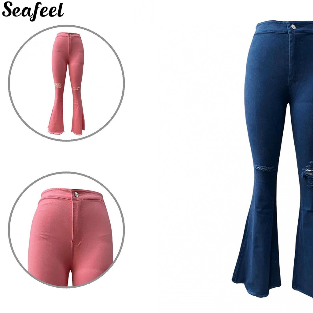 sf_ Zipper Fly Lady Jeans Long Bodycon Wide Leg Ripped Jeans Bootcut for Work