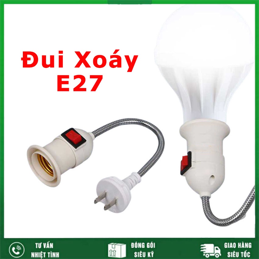 Đui đèn liền dây có công tắc và phích cắm lò xo xoay 360 độ đuôi đèn E27