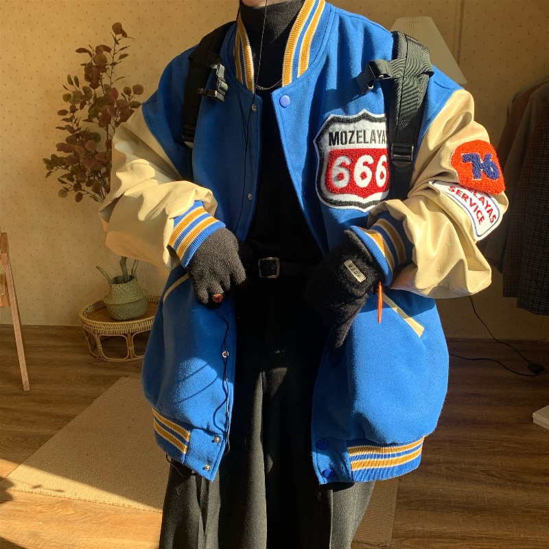 áo khoác áo polo nam áo khoác dù đồ bộ nam Áo khoác bóng chày cổ đứng dáng rộng màu xanh dương/vàng thời trang hip hop đường phố mỹ cho nam size M-3XL