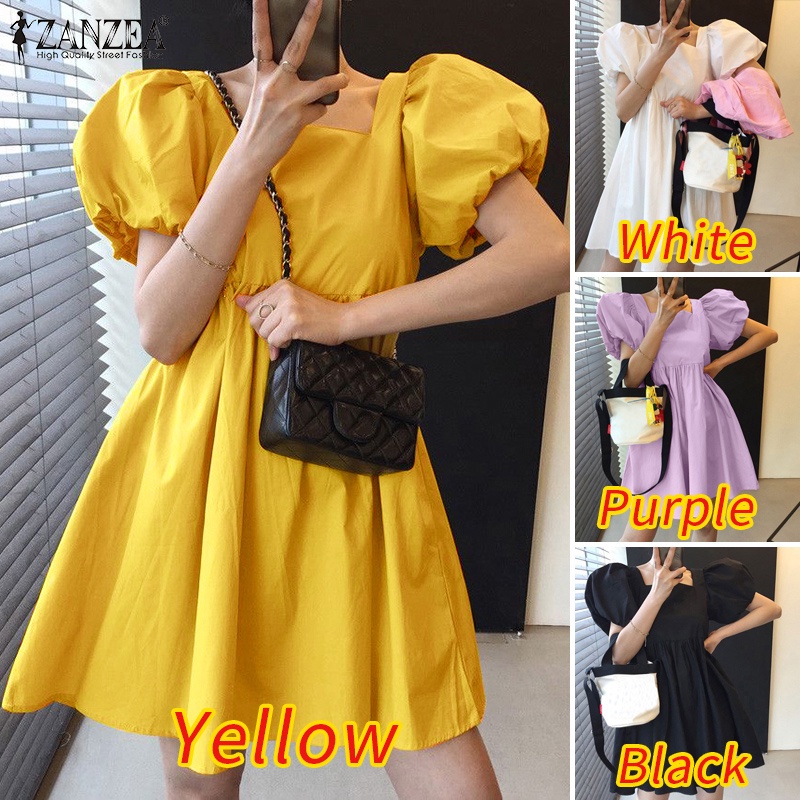 Đầm ZANZEA dáng chữ A tay phồng phong cách Hàn Quốc thời trang cho nữ