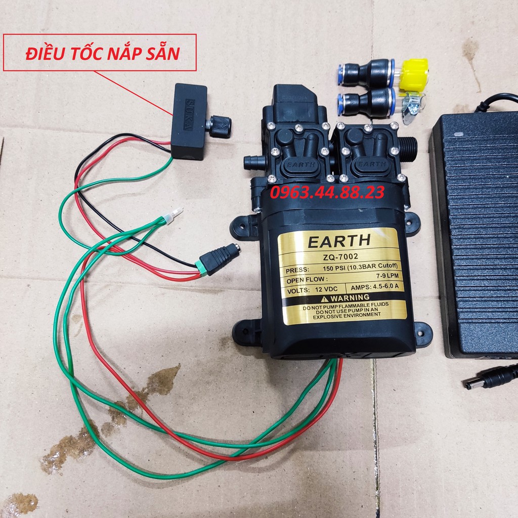 máy bơm nước mini 12v đôi 100w EARTH hàng Taiwan tăng kèm ren 17mm ra 8mm