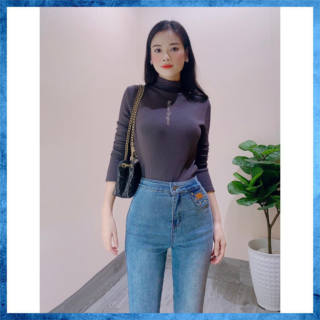 [Jeans thiết kế] Quần jeans nữ, quần bò skinny trơn, lưng cao phối tag 1 khuy. Mã C3160