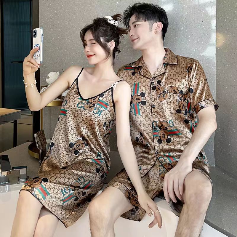 Bộ Đồ Ngủ Ngắn Tay Bằng Lụa Satin Thời Trang Hàn Quốc Cho Nam Nữ
