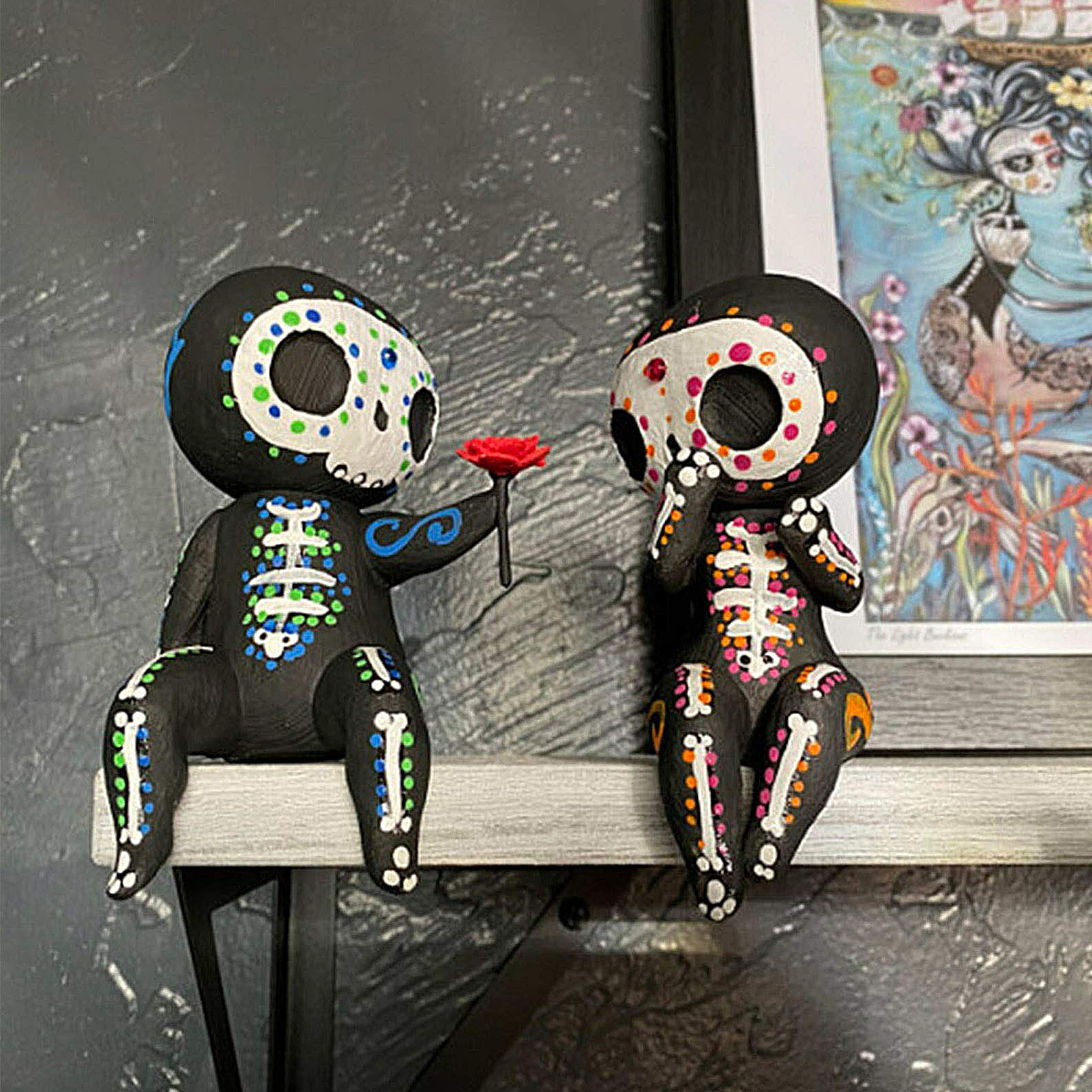 QINJUE Ornaments Skull Couple Statue Home Desk Resin Doll Lover Gothic Sculpture Decorations Skeleton Couple Figurine Collectible Cartoon Crafts