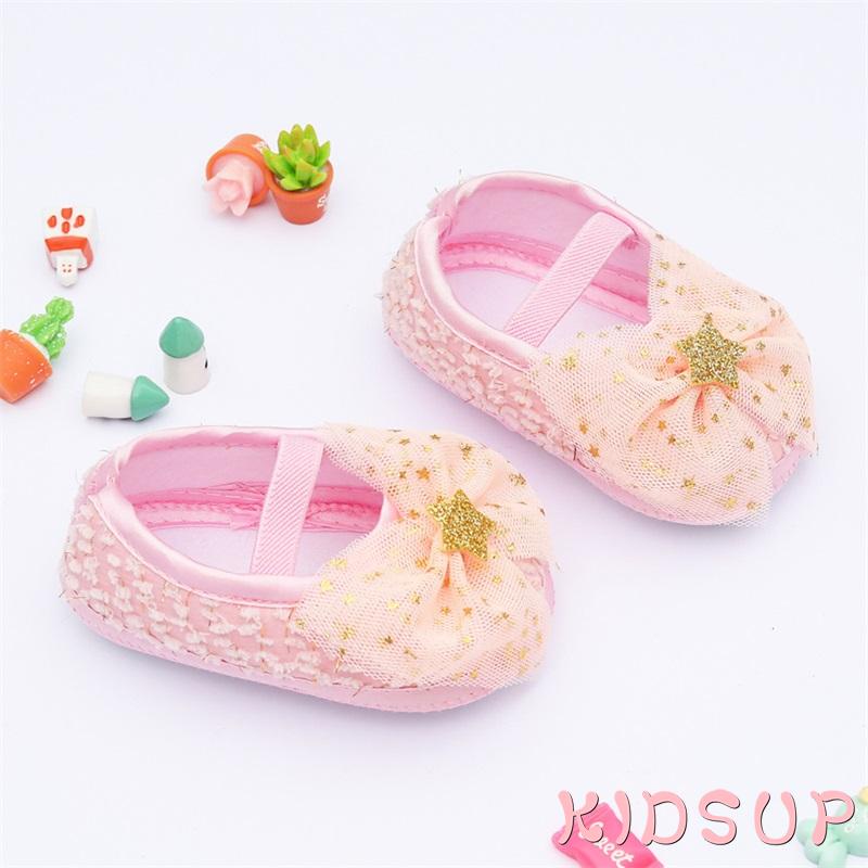 Giày Vải Cotton Phối Lưới Đính Nơ Đính Kim Sa Ngôi Sao Lấp Lánh Trang Trí Cho Bé 1 Tuổi