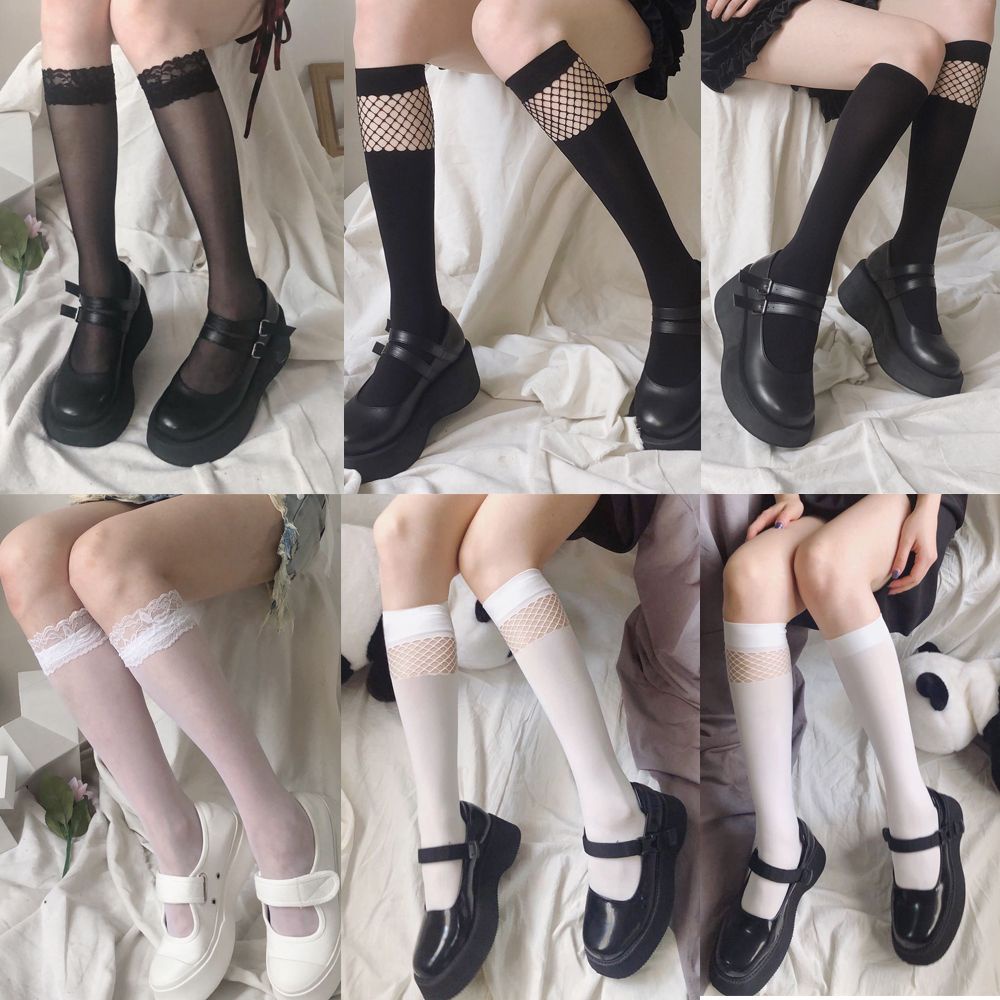 Vớ ren co giãn đến đầu gối phong cách lolita màu đen trắng cho nữ thích hợp hóa trang