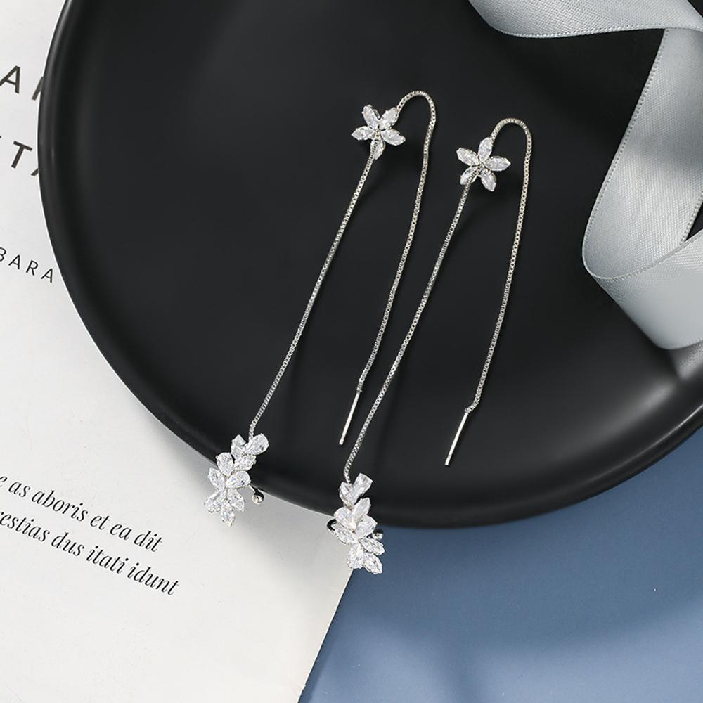 Bông Tai Dạng Kẹp Phối Dây Xích Dài Hình Hoa Thời Trang Cho Nữ 2Lilife