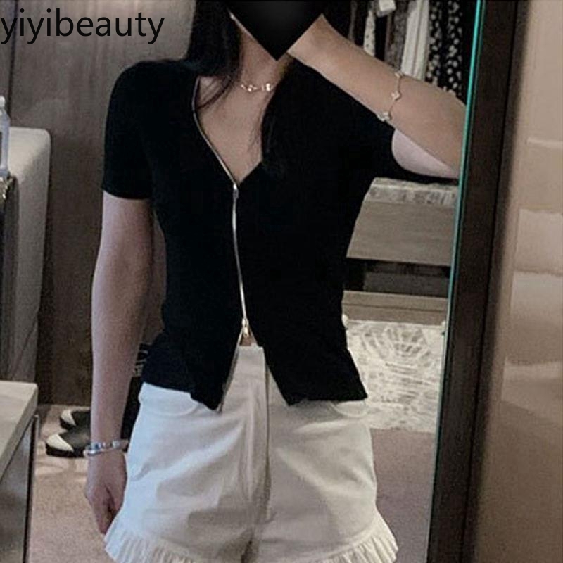 Áo thun lửng ngắn tay kéo khóa thời trang cho nữ | BigBuy360 - bigbuy360.vn