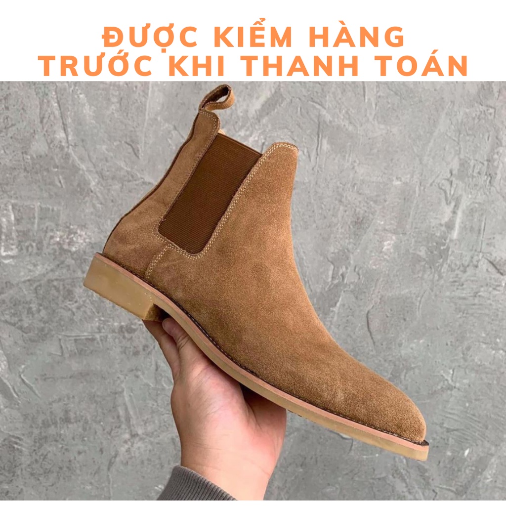 Giày Chelsea boots cao cổ thời trang nam chất liệu da lộn màu nâu đế độn 3.5cm