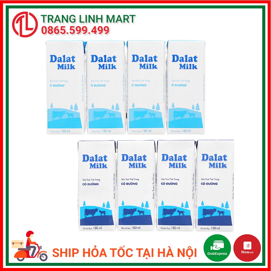 Lốc 4 hộp sữa tươi tiệt trùng nguyên chất / có đường Dalat Milk 180ml