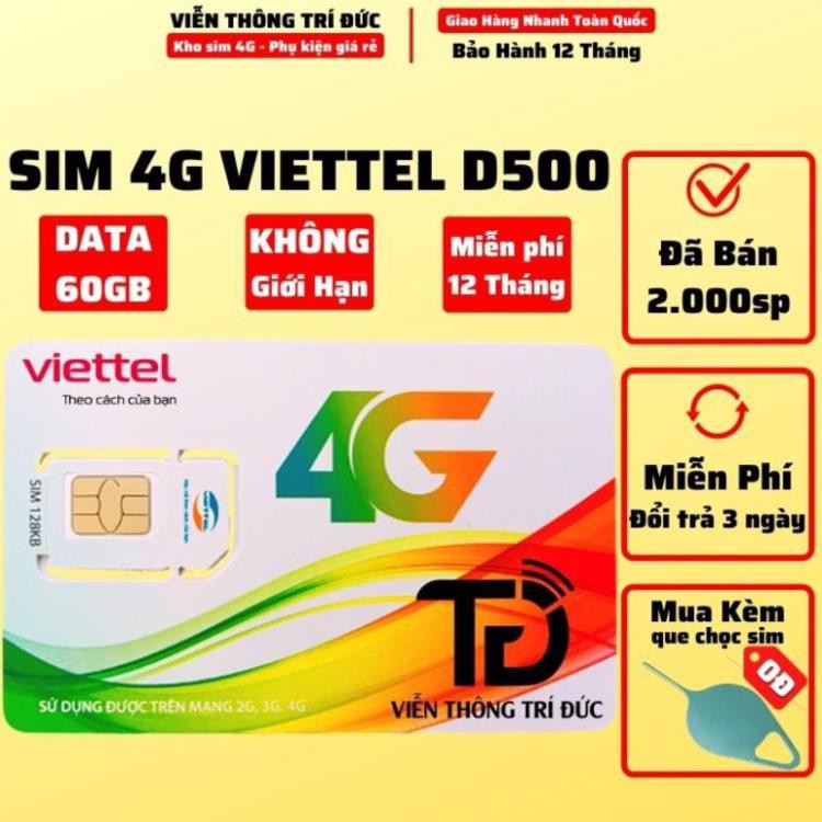 Sim 4G Viettel / Vinaphone D500 Trọn Gói 1 Năm 60Gb (5Gb/Tháng) Data Không Giới Hạn -Sim vào mạng 1 năm không nạp tiền