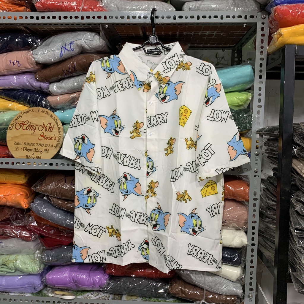 Áo Sơ Mi Hoạ Tiết Hoạt Hình Tom&amp;Jerry Tay Lỡ Dáng Rộng Ulzzang Unisex, Sơ Mi Đi Biển - MM