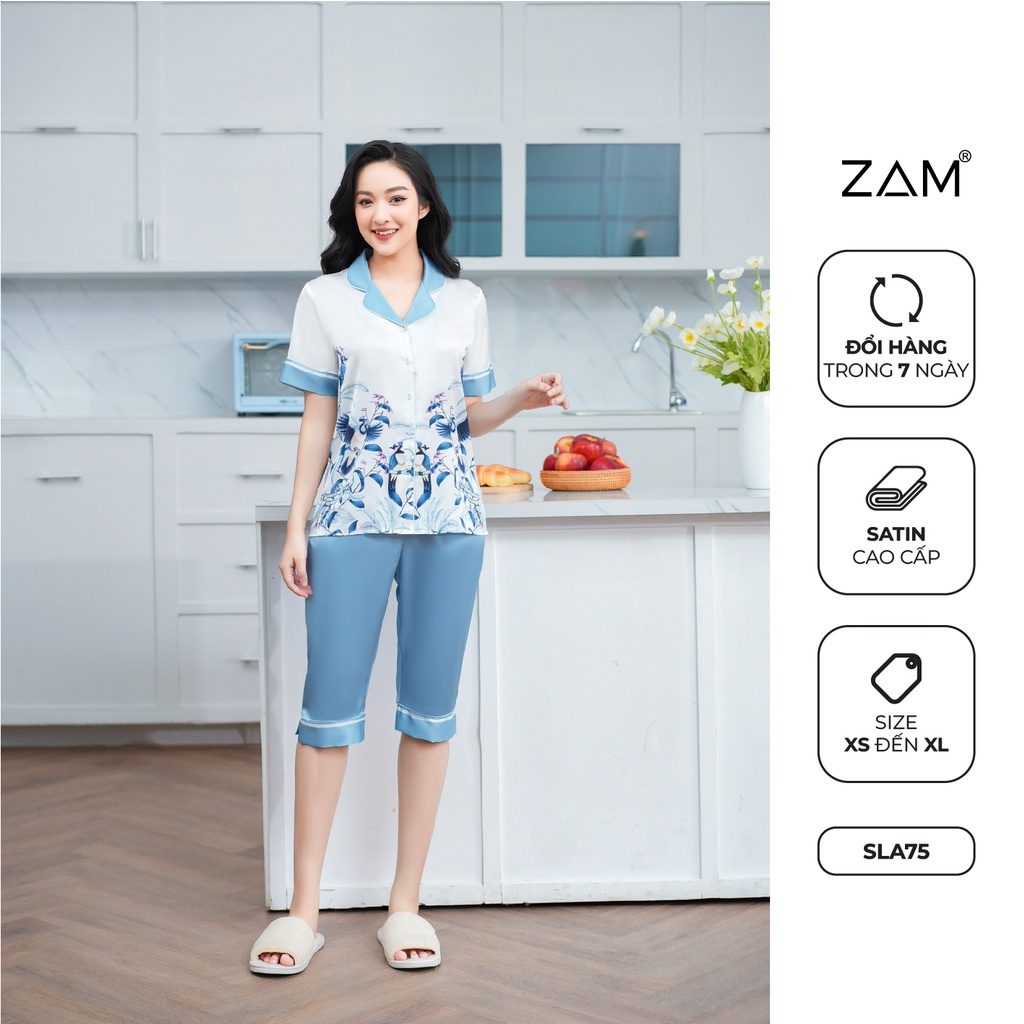 Bộ ngủ satin ZAM Luxury - SLA75 - áo ngắn tay quần lửng hoạ tiết
