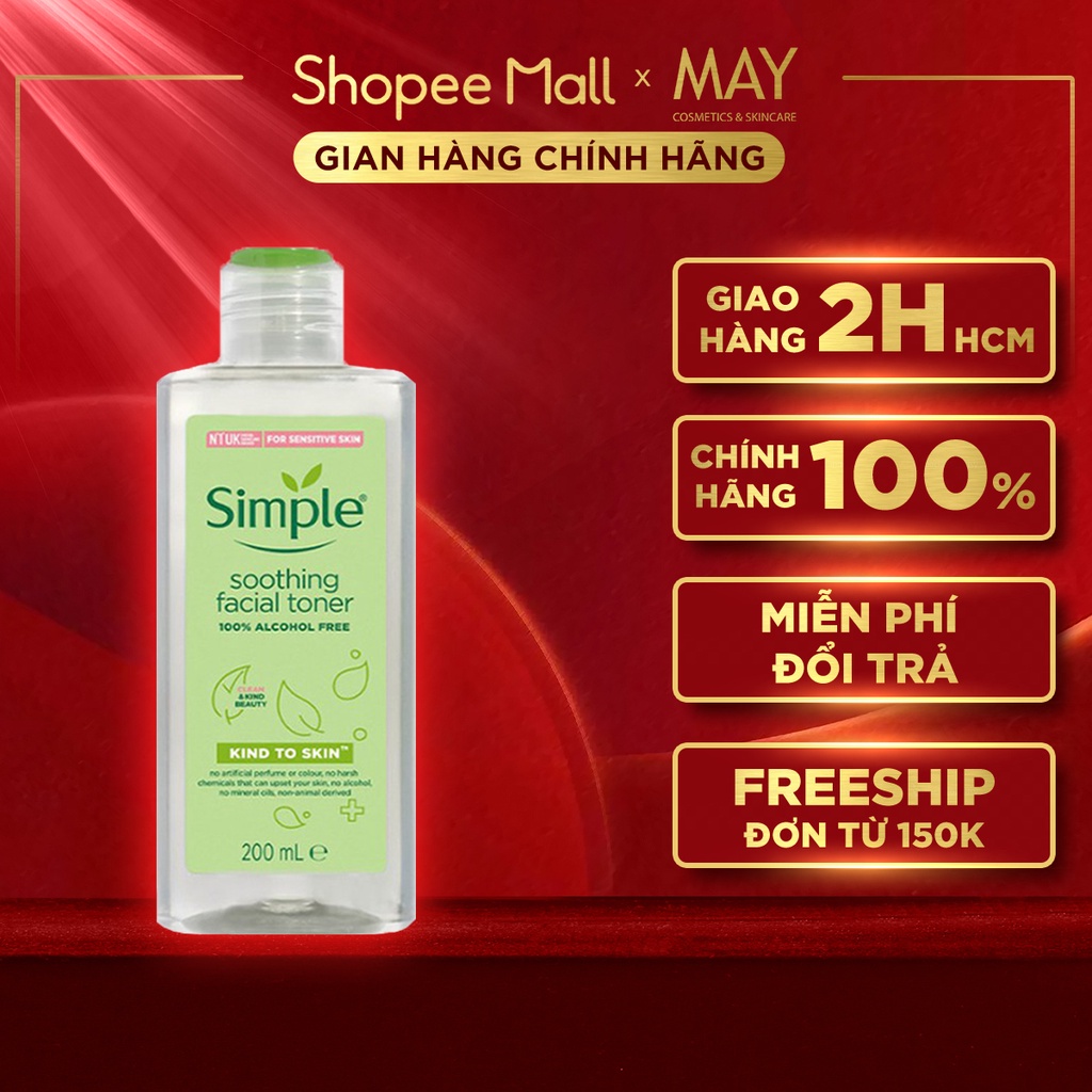 NƯỚC HOA HỒNG SIMPLE Kind To Skin Soothing Facial Toner Không Cồn, Cân Bằng Da Dịu Nhẹ 200ml