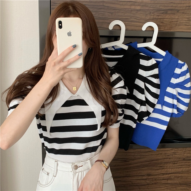 Áo thun IELGY tay ngắn cổ bẻ in họa tiết kẻ sọc nhiều màu sành điệu cho nữ