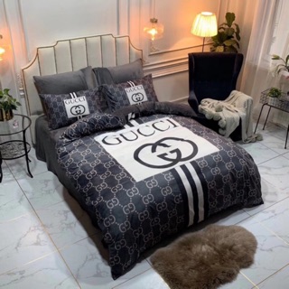 Bộ Chăn Ga Gối Nỉ Nhung Thương Hiệu Gucci Đen