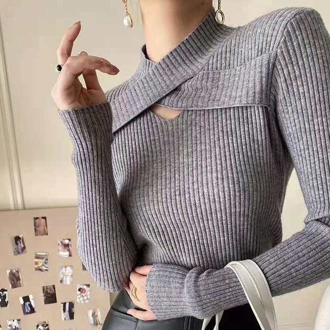 Áo len ZHELIHANGFEI dài tay ôm dáng kiểu vạt chéo thời trang cá tính dành cho nữ