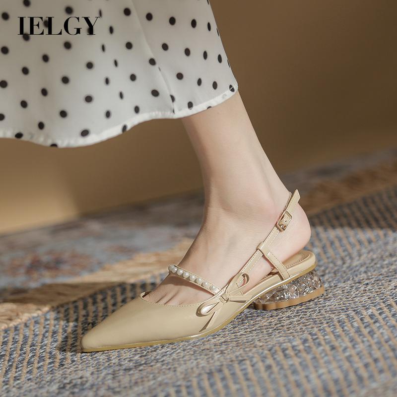 Sandal nữ IELGY đính nơ phối ngọc trai gót pha lê thấp thời trang