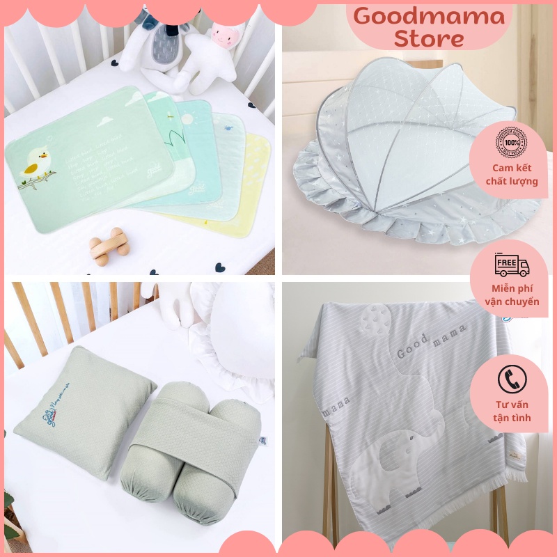 Combo 4 món đồ ngủ sơ sinh dành cho bé gái Goodmama: Màn chụp, bộ gối chặn, lót chống thấm, chăn sợi tre cotton