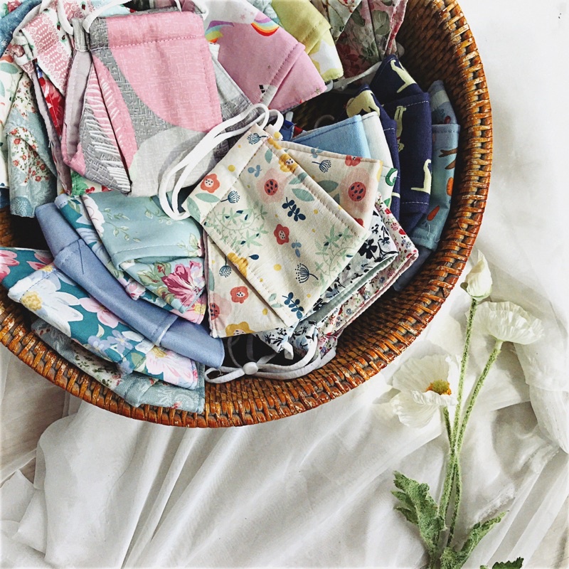 Khẩu trang nữ 3D thô cotton hoa nhí vintage dây điều chỉnh