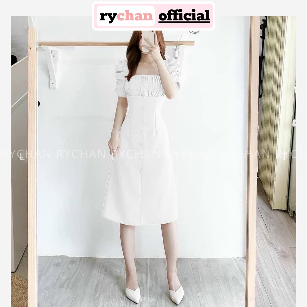 Đầm Xòe Midi Cổ Vuông Nút Bọc Tay Phồng 3 Màu Trắng Nude Đỏ [Ảnh Thật Cuối] - DX0095