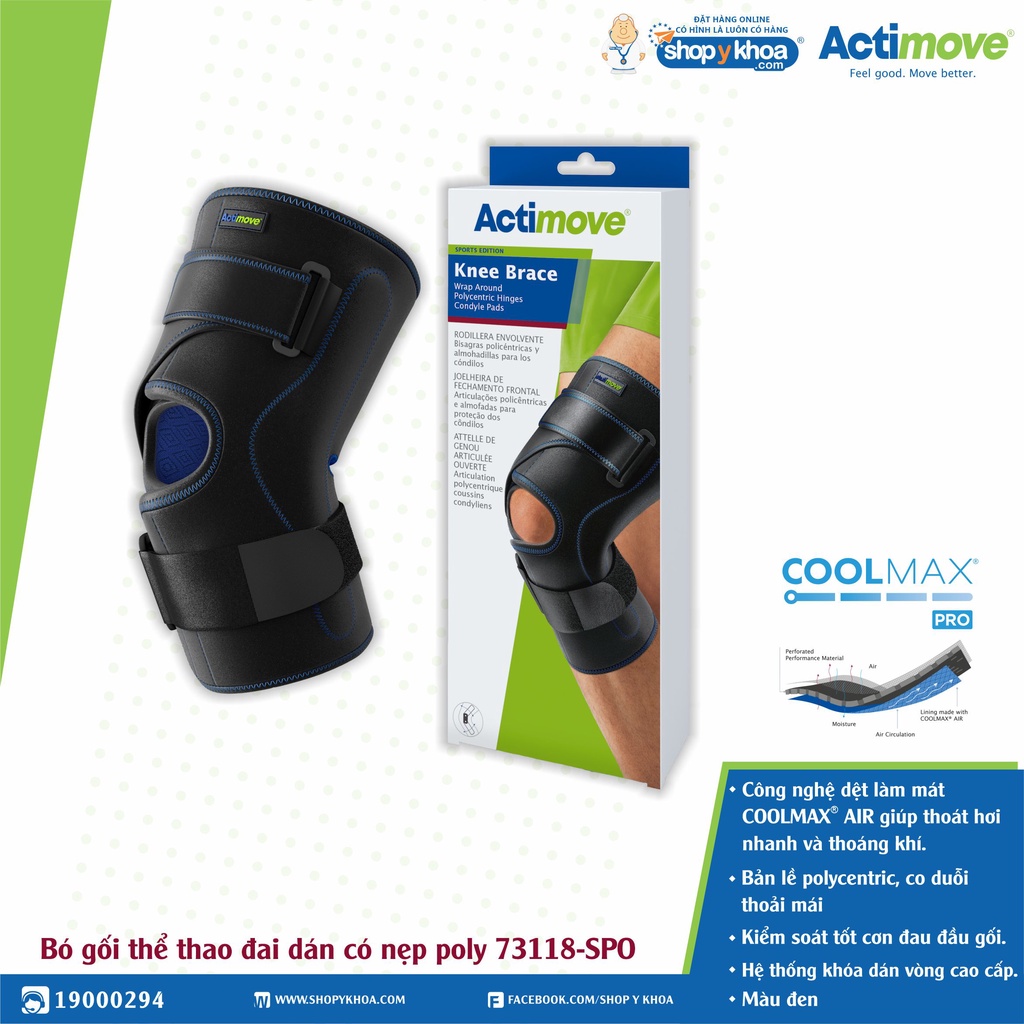 Bó Gối Thể Thao Đai Dán, Nẹp Bản Lề Poly 2 Bên, 73118-SPO, Màu Đen [Actimove] - NK Chính Hãng Châu Âu (1 Cái)