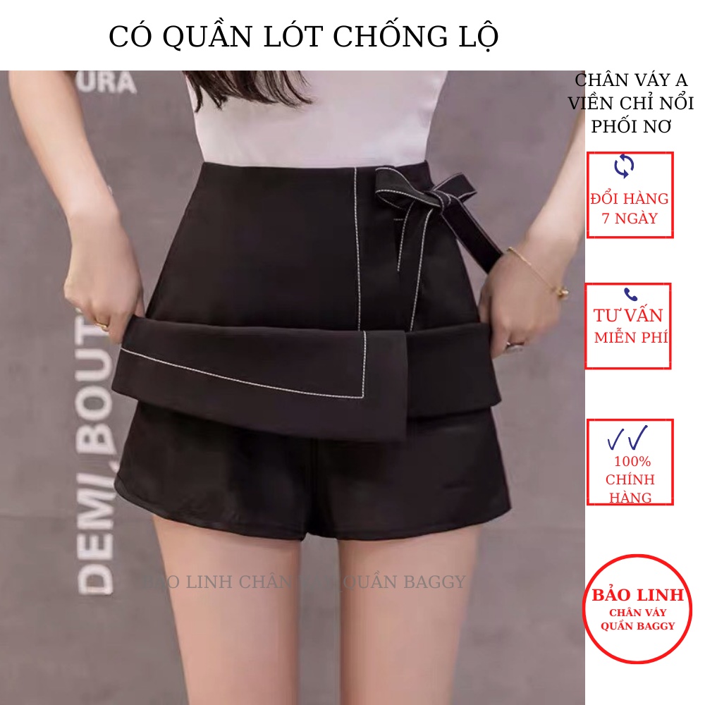 Chân váy ngắn công sở đen lưng cao viền chỉ phối nơ dáng chữ A mặc đi làm đi học