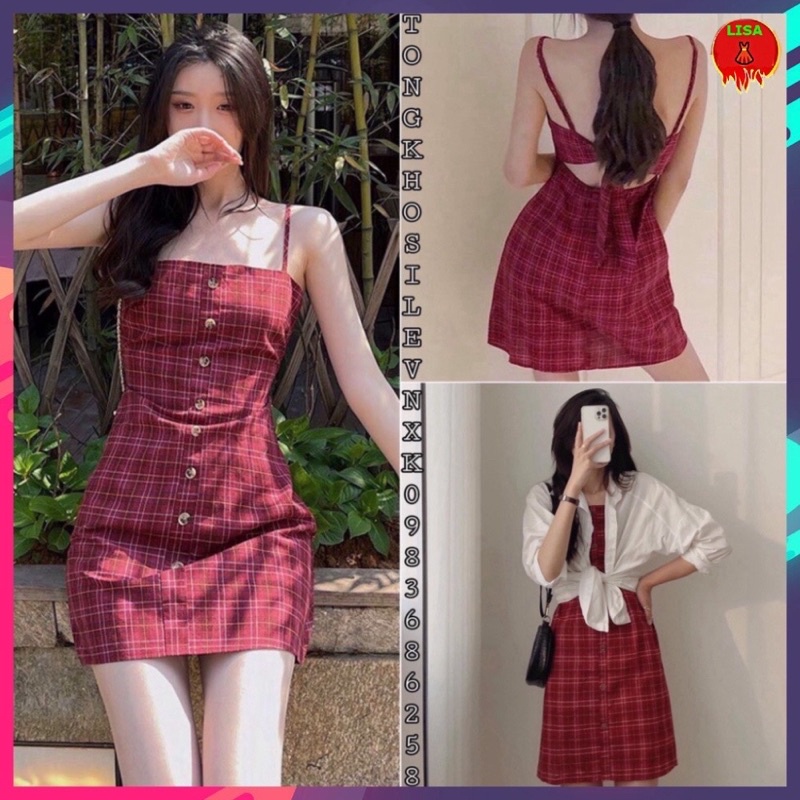 Đầm đỏ caro Ulzzang hở lưng