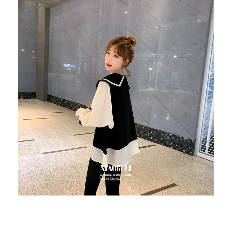 Áo kiểu ZHELIHANGFEI tay dài cổ búp bê giả hai lớp dáng rộng dễ phối đồ thời trang