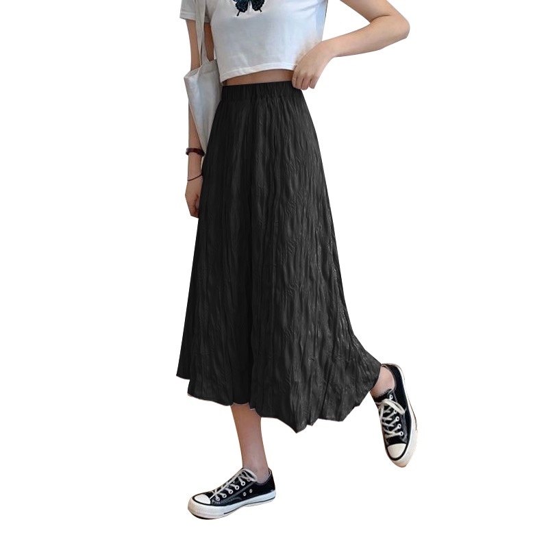 GENAISHA Chân váy lửng cao xếp li form chữ A lưng giãn phong cách Hàn Quốc thời trang mùa hè cho nữ