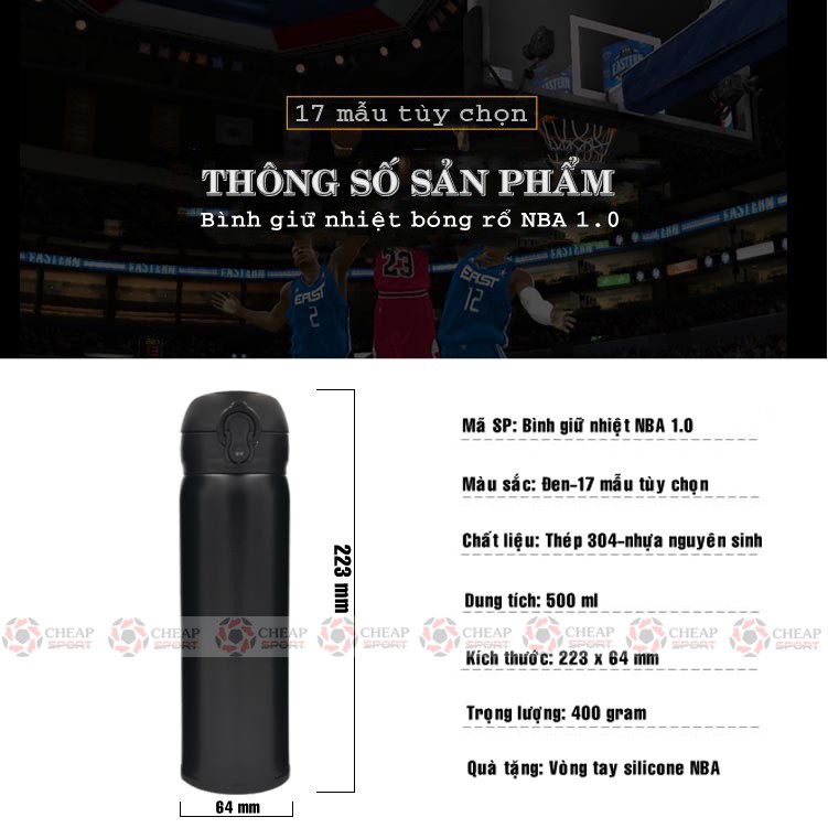 Bình Giữ Nhiệt Bóng Rổ 1.0 Kobe James Curry Jordan Harden Chất Liệu Inox 304 An Toàn Giữ Nhiệt Nóng Lạnh Cực Tốt