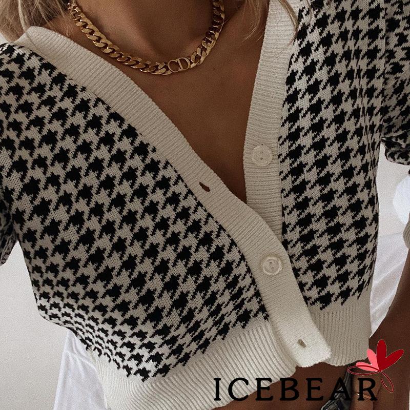 Áo Khoác Dệt Kim Tay Dài Cổ Chữ V In Họa Tiết Houndstooth Thời Trang Mùa Thu