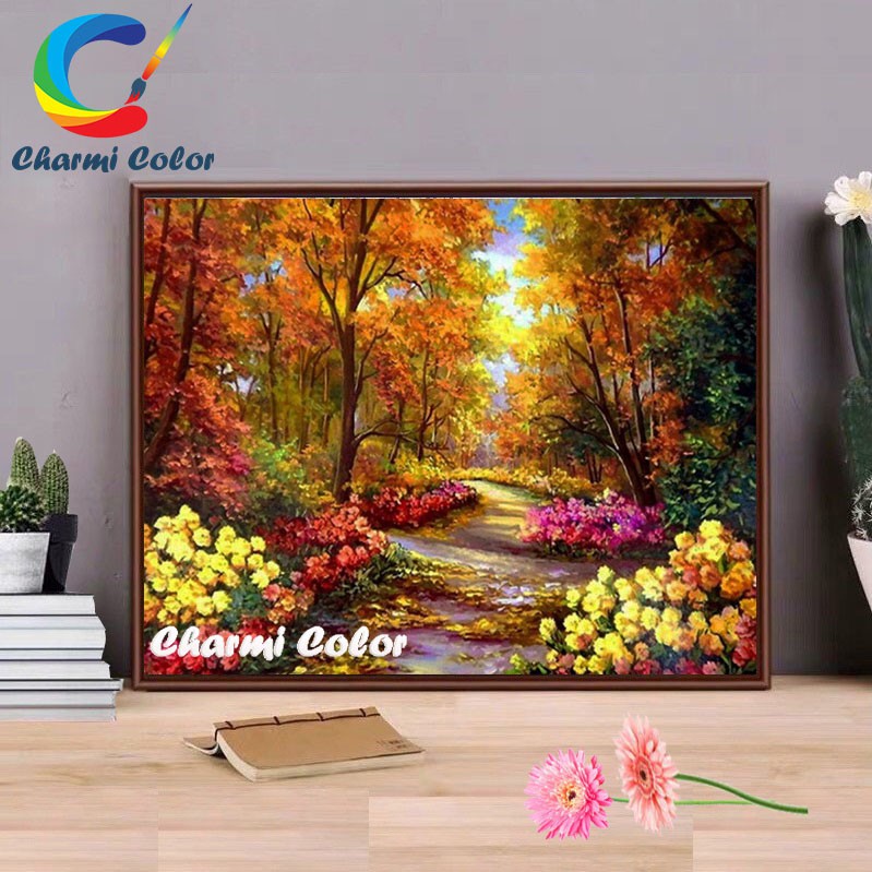 Tranh sơn dầu số hoá đã căn khung 40x50 cm KZPH9257 Rừng hoa