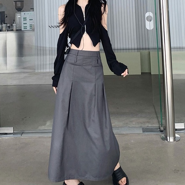 Áo croptop QKOOLE trễ vai dài tay/ Chân váy chữ A QKOOLE lưng cao thời trang Hàn Quốc cho nữ