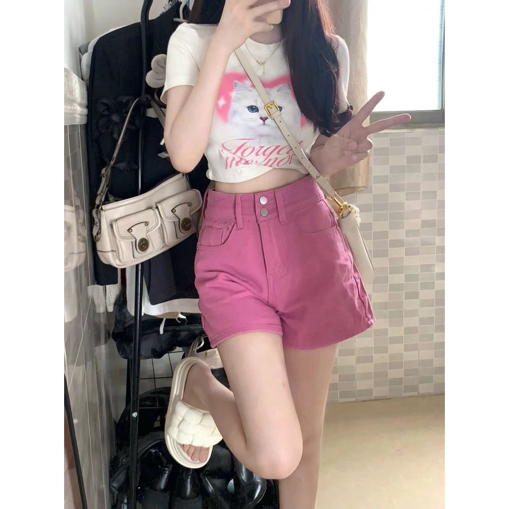 Quần Short Denim Lưng Cao Ống Rộng Màu Hồng Phong Cách Mới Cho Nữ