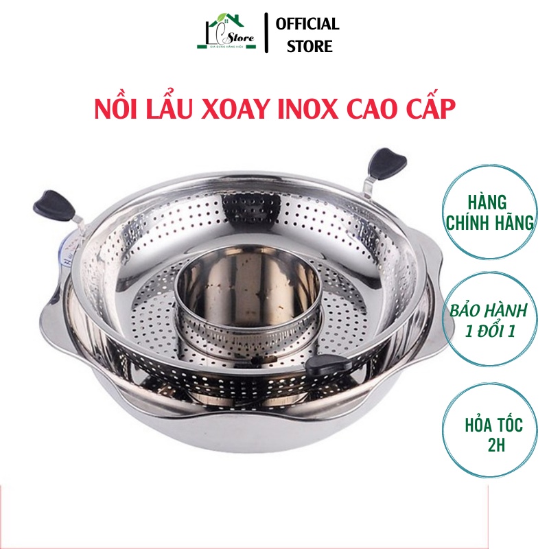 Nồi lẩu inox xoay 2 tầng Hàn Quốc, Nồi lẩu đa năng 2 ngăn dùng được bếp từ và bếp gas, Xoong ăn lẩu inox 304