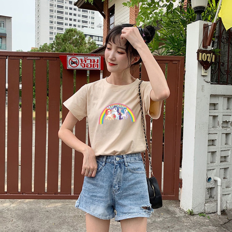 Áo thun tay ngắn cổ tròn in họa tiết hoạt hình phong cách Hàn Quốc cho nữ