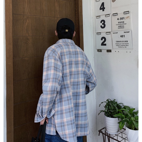 Áo sơ mi tay dài kẻ sọc caro trẻ trung thời trang phong cách Hàn Quốc cho nam